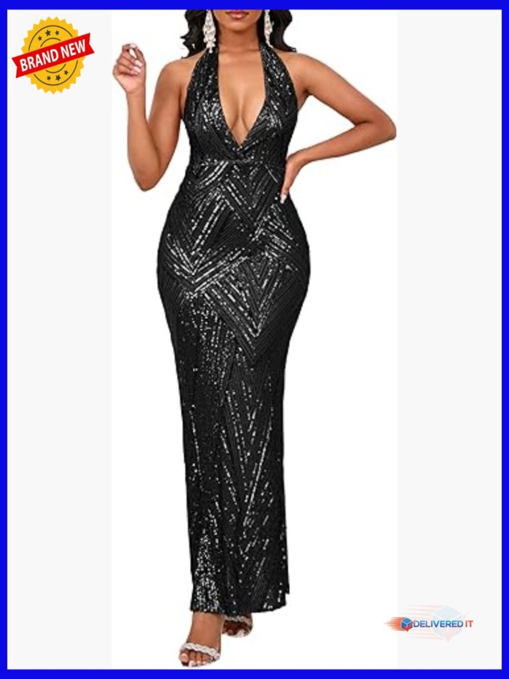 Sequin Halter Backless Maxi Dress Bodycon Prom Evening Party Formal